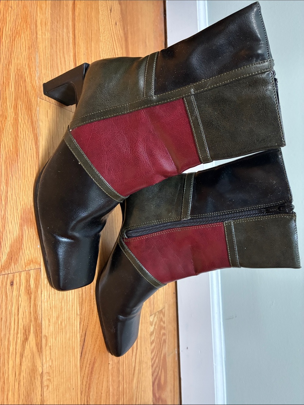 Color-Block Mid-Calf Heeled Boots in Black, Olive & Burgundy